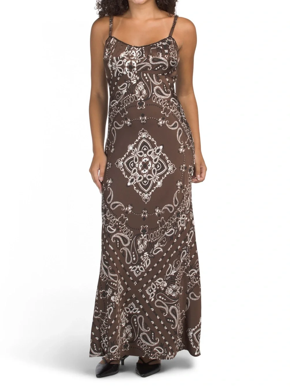 ๐ Camila Coelho Bandana Brown Paisley Slip Maxi Dress with Cream Accents - Picture 2 of 4
